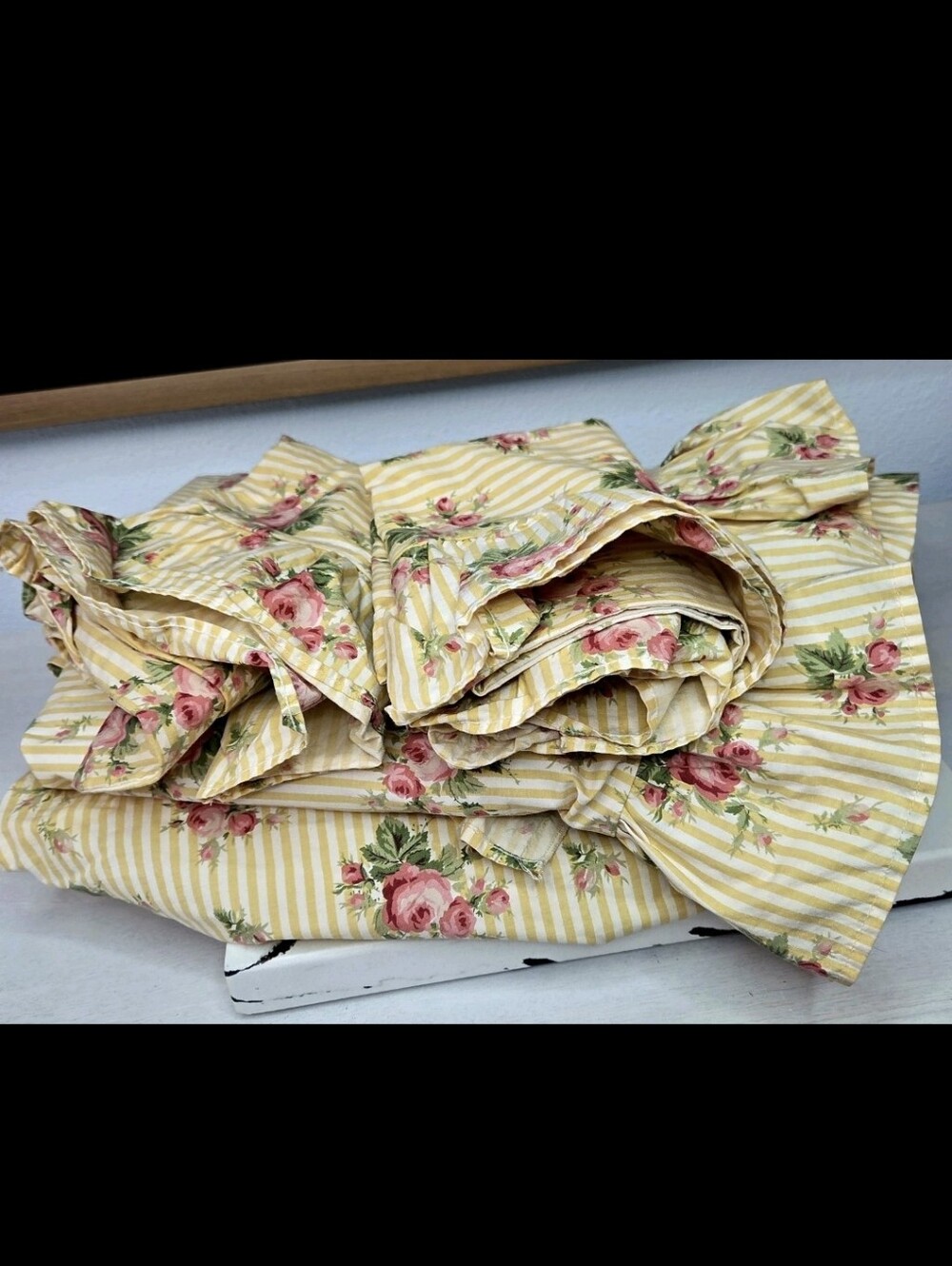 Ralph Lauren Yellow Stripe Rose Print King Sheet Set, Sophie Brooke, Gently Used